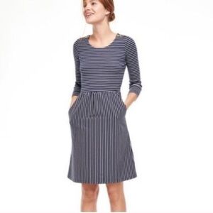 Boden Janie Day Navy White Striped Zip Shoulder Long Sleeve Pocket Dress 10R